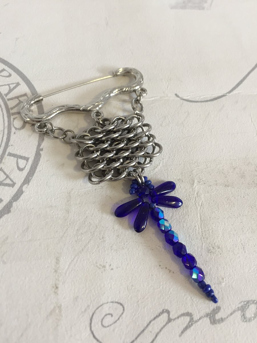 Cobalt Blue Dragonfly Brooch with Steel Chainmaille for Mothers Day Gifts