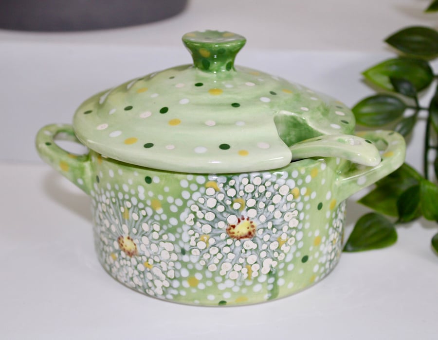 Dandelion ceramic salt pot with spoon