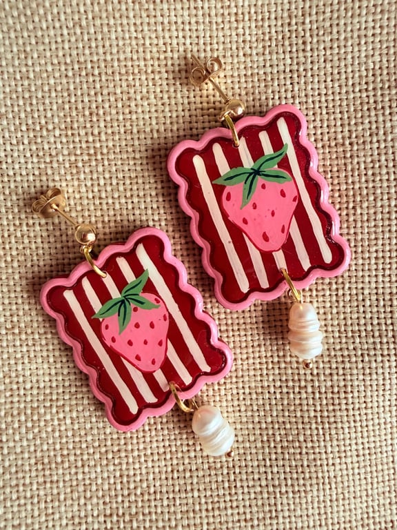Strawberry and Cream Summer Scallop Tile Earrings