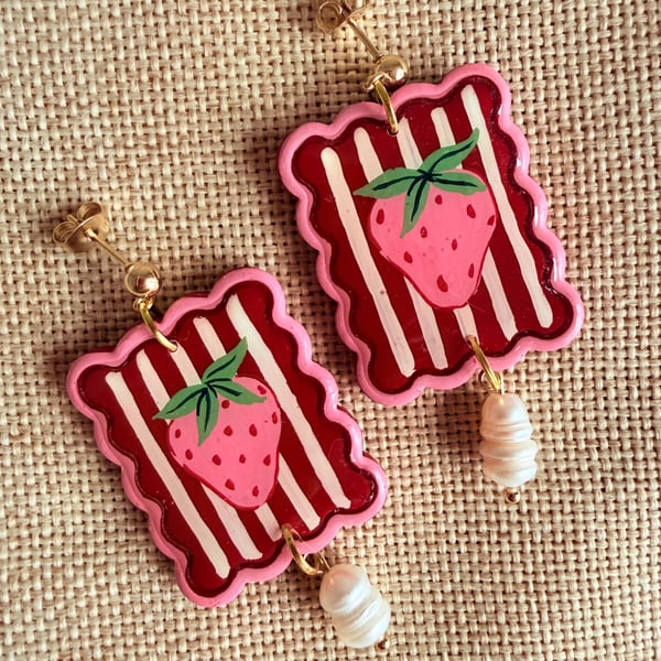 Strawberry and Cream Summer Scallop Tile Earrings