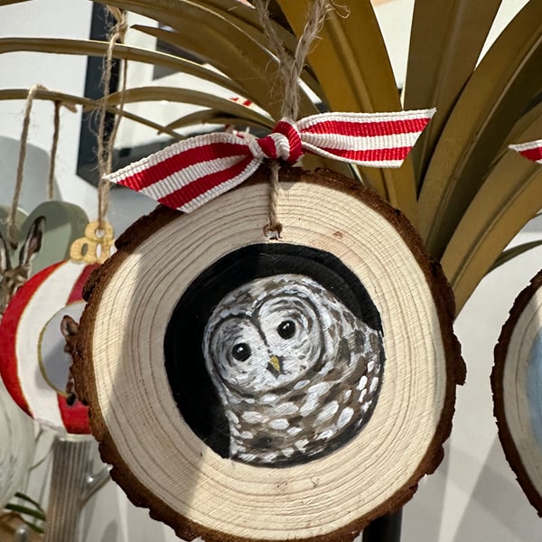 Tawny Owl Wood Slice Christmas Tree Decoration 