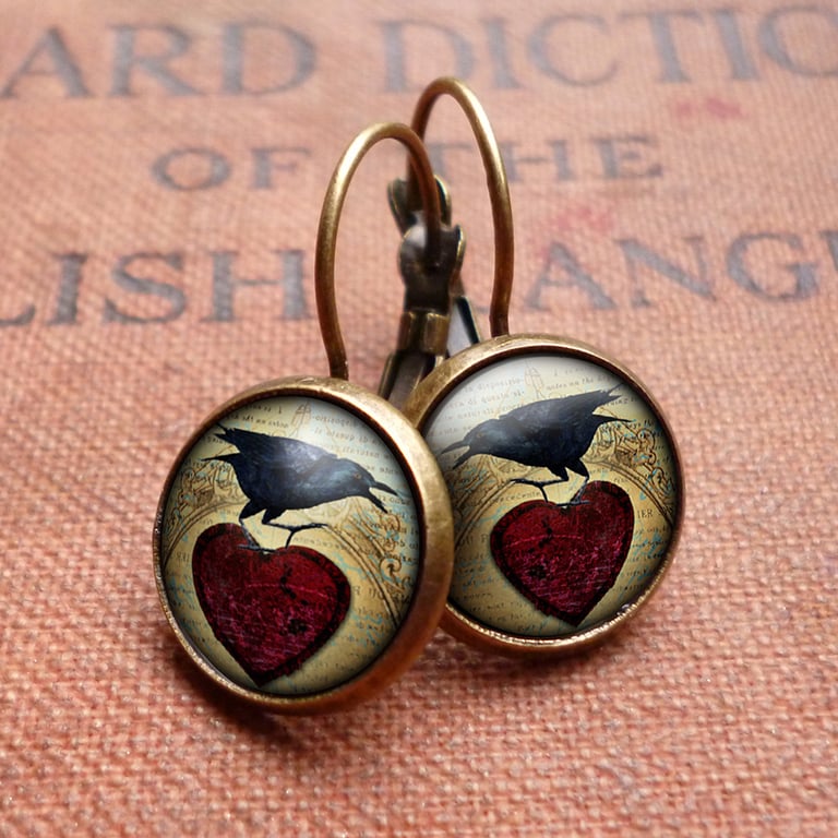 Raven and Red Heart No.1 Leverback Earrings (RR06)