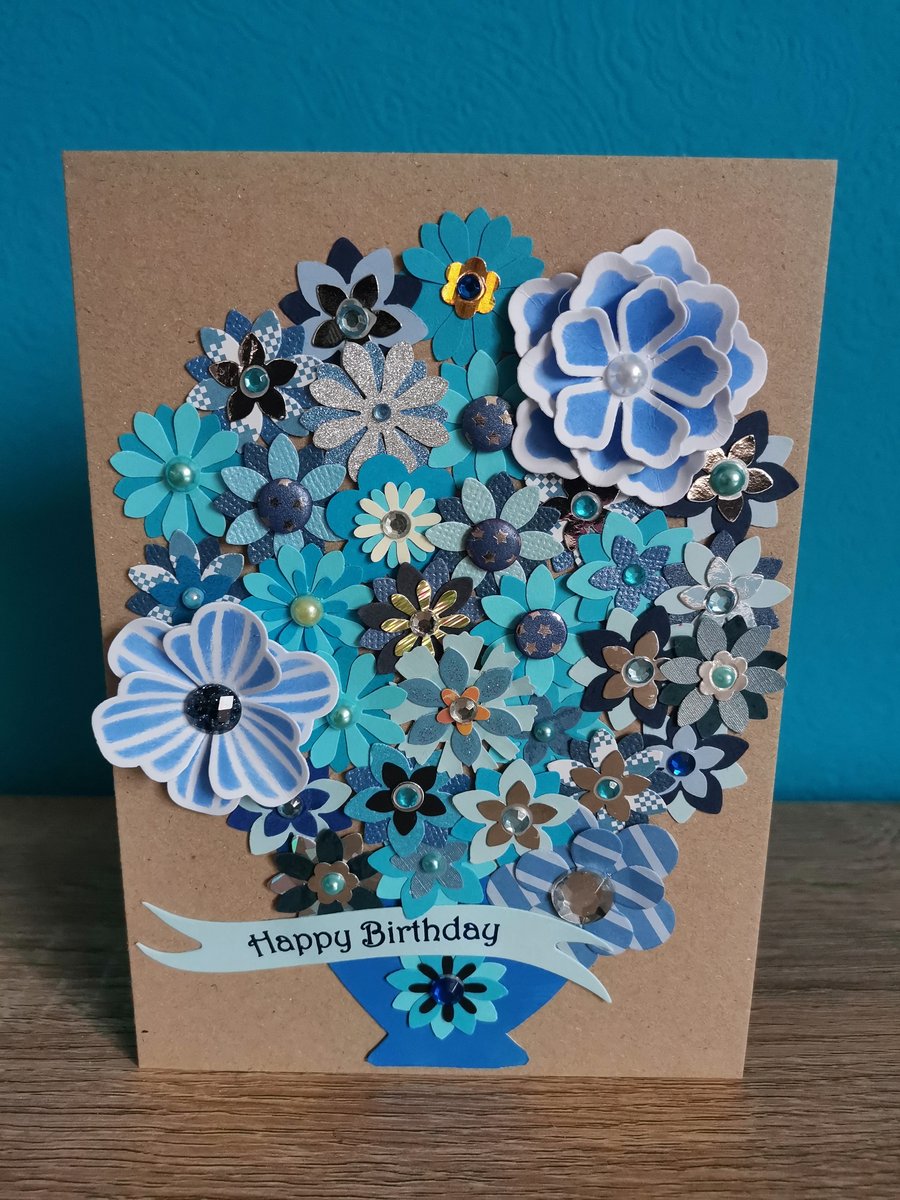 Flower birthday card  - Floral handmade special luxury keepsake - blue flowers