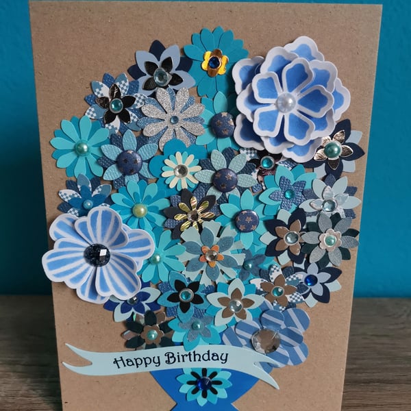 Flower birthday card  - Floral handmade special luxury keepsake - blue flowers