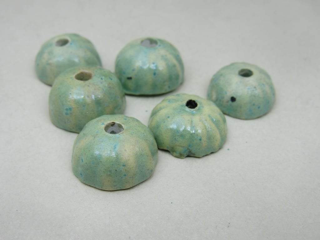 6 Small Verdigris Green Half-round Ceramic Flower Beads