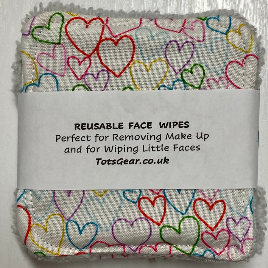 Reusable Face Wipes - white with multi hearts 