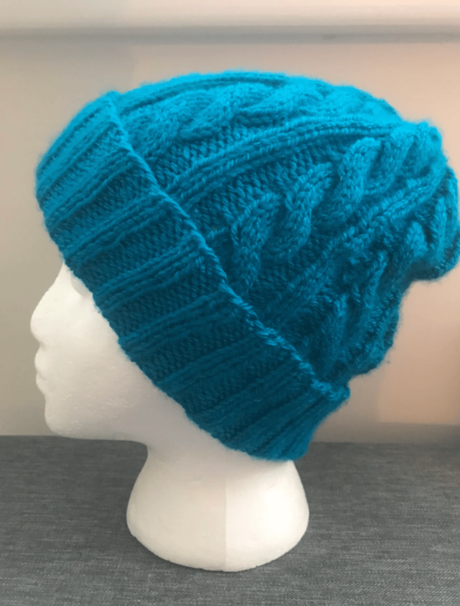 Teal cable beanie with folded rib