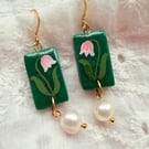 Emerald Green Pink Tulip Pearl Drop Earrings, FREE DELIVERY