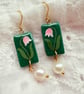 Emerald Green Pink Tulip Pearl Drop Earrings, FREE DELIVERY