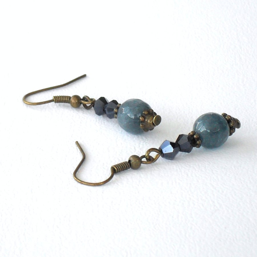 Deep blue aquamarine and jet crystal vintage style earrings