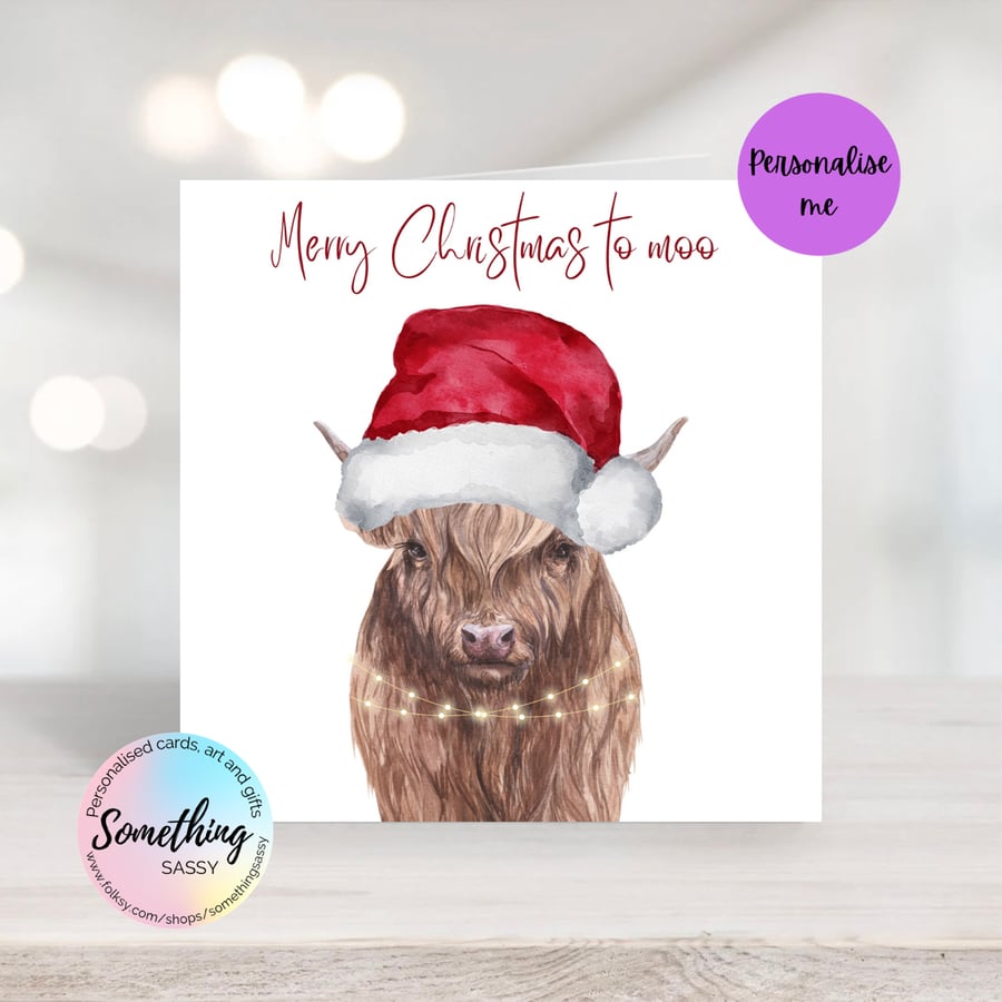 Personalised Highland Cow, Happy Christmas to moo 