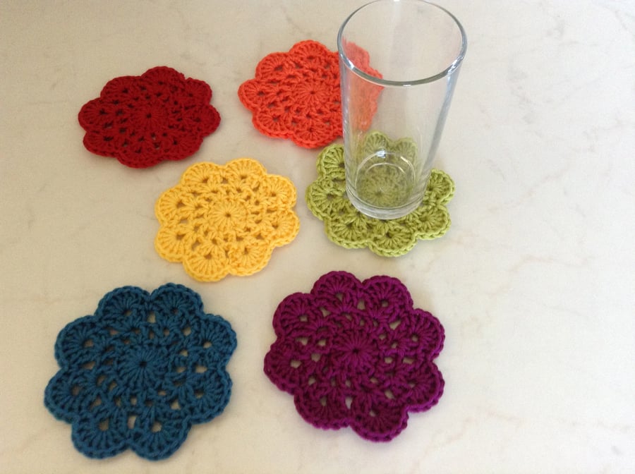 Crochet Rainbow Flower Coasters