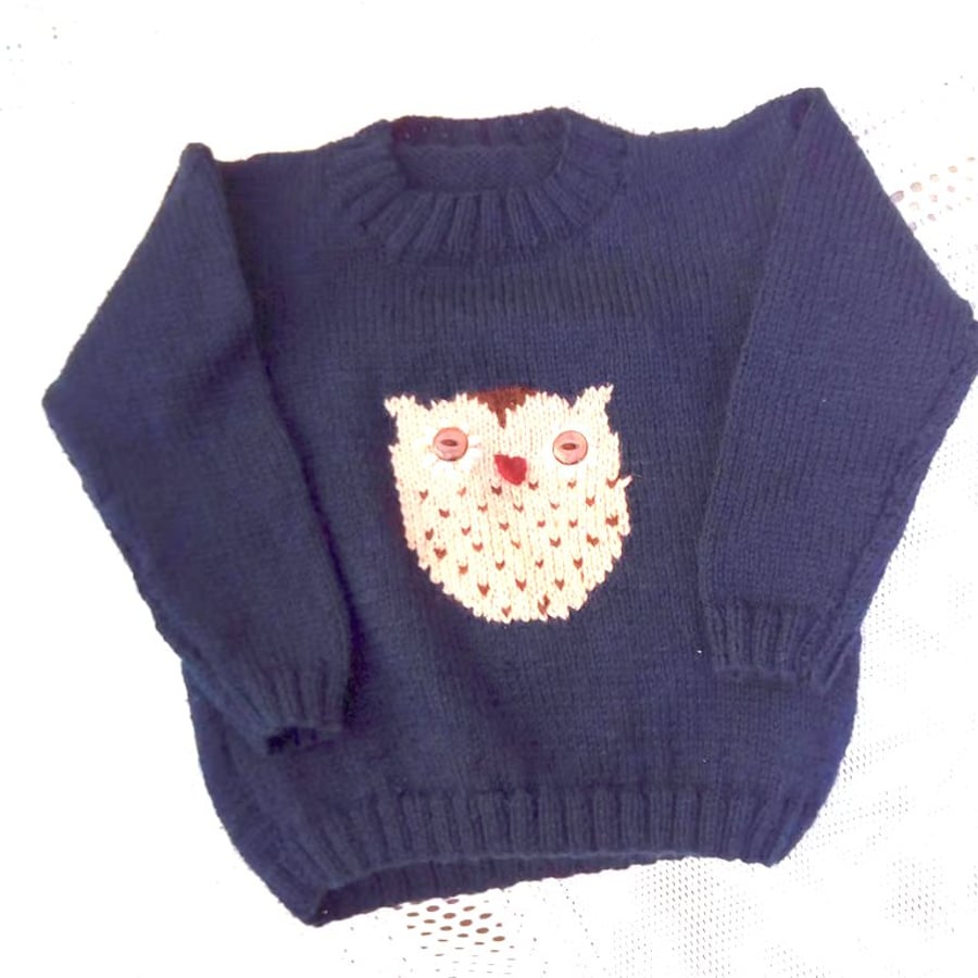 Child's Navy Blue Knitted Jumper with Owl Motif, Child's Jumper, Owl Jumper