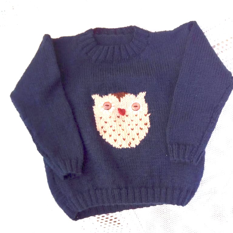 Child's Navy Blue Knitted Jumper with Owl Motif, Child's Jumper, Owl Jumper