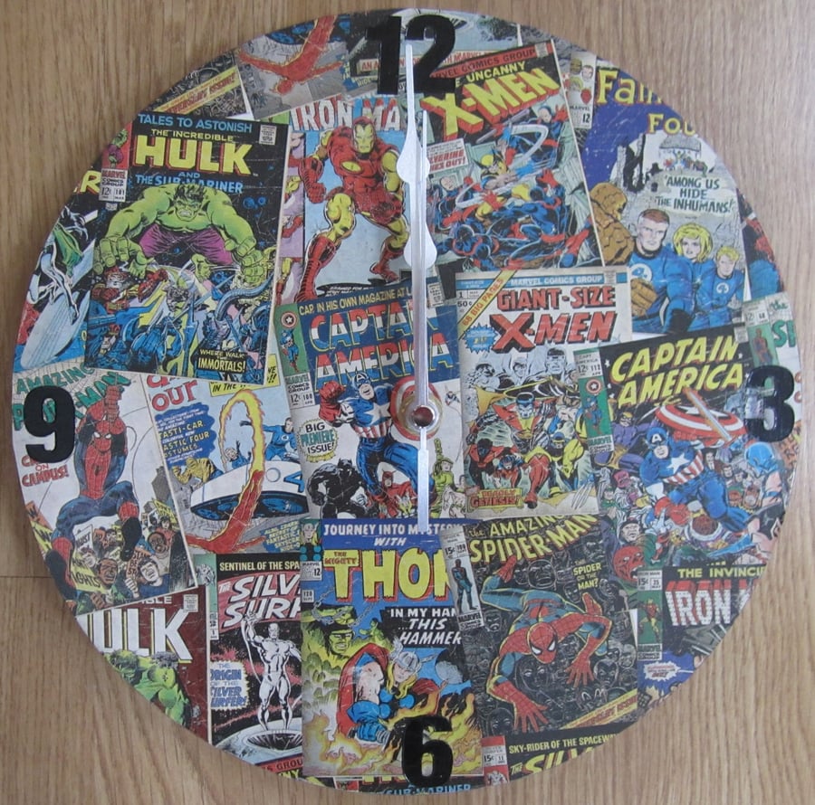 Handmade Decoupage clock with Marvel Superheroes 