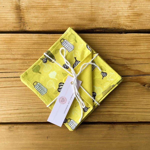 Fabric Coasters, 4 Set, Handmade Coasters, Cotton Coasters. Garlic-COAST-04