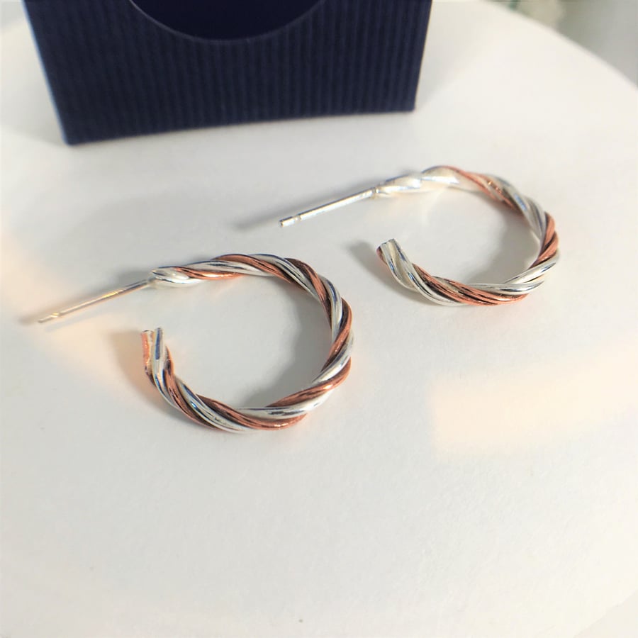 Twisted Hoops - Sterling Silver and Copper Earrings