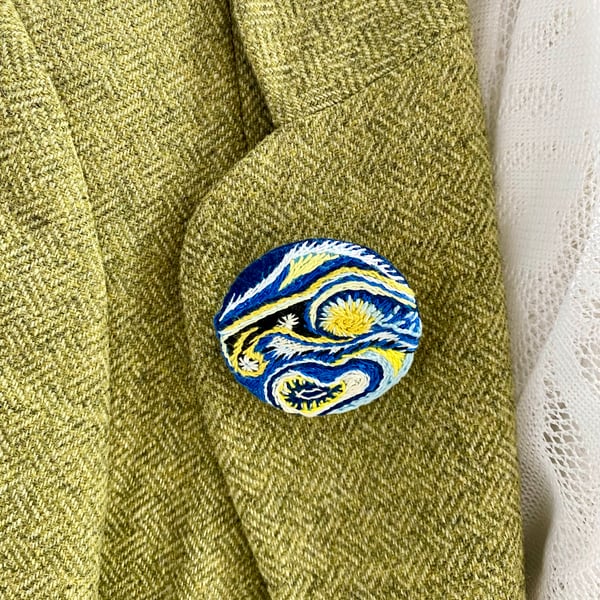 Hand Embroidered Circular Swirling Sky Brooch