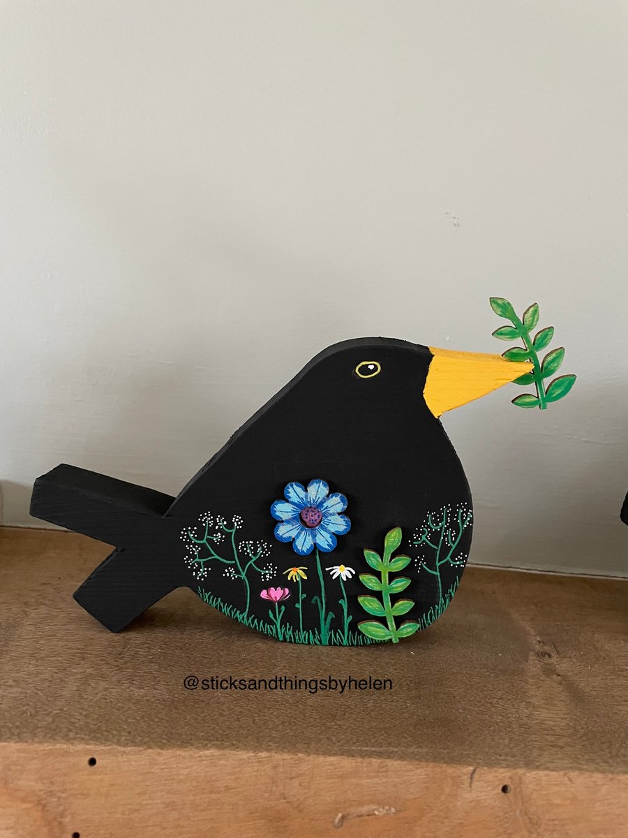 Blackbird, Handmade recycled wood, shelf sitter