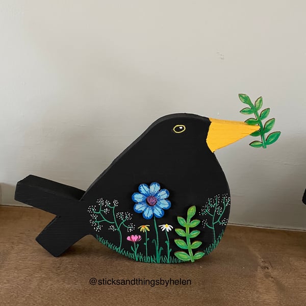 Blackbird, Handmade recycled wood, shelf sitter