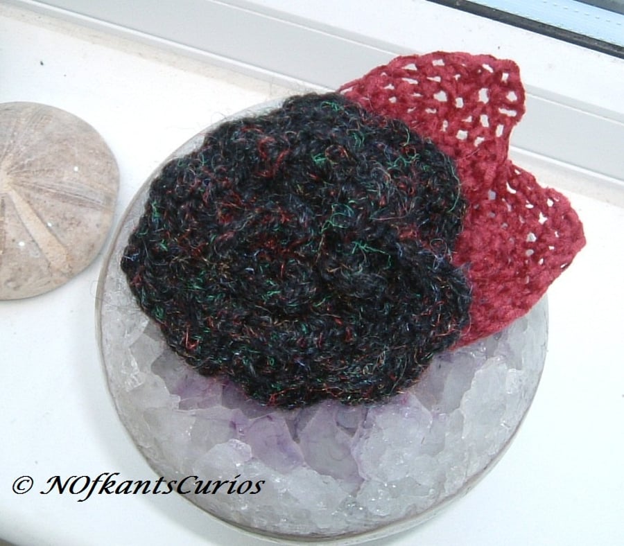 Scottish Rose!  Crocheted Structural Rose Hair Accessory with Burgundy Leaves