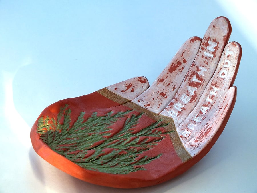 AFFIRMATION tray trinket dish with evergreen plant imprint