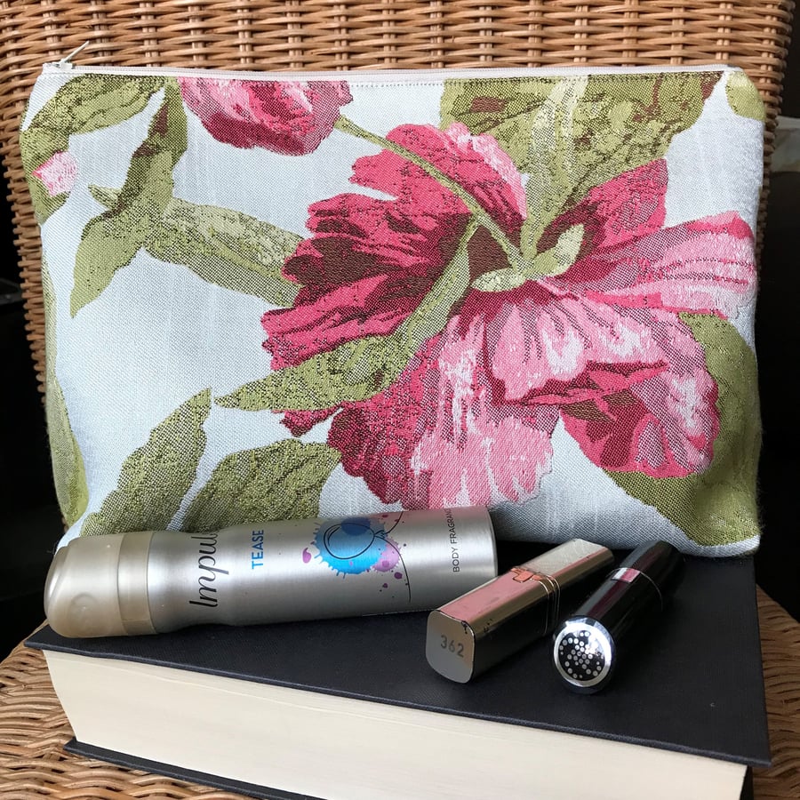 Cream toiletry bag, wash bag with large pink flowers