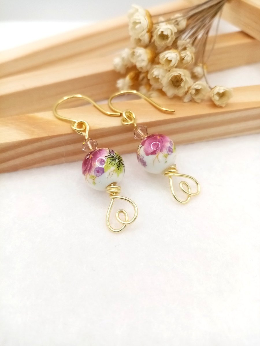 Image of Floral Earrings - Plum Rose Earrings - Rose Flower Porcelain Drop Earrings