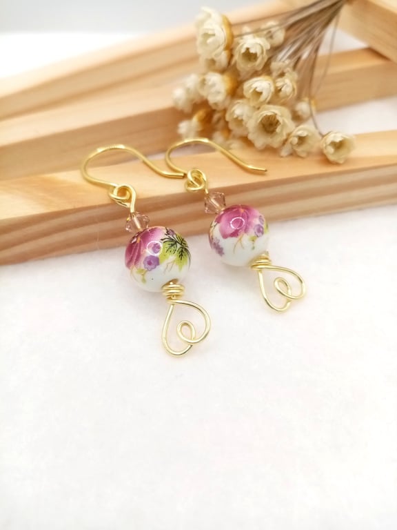 Floral Earrings - Plum Rose Earrings - Rose Flower Porcelain Drop Earrings