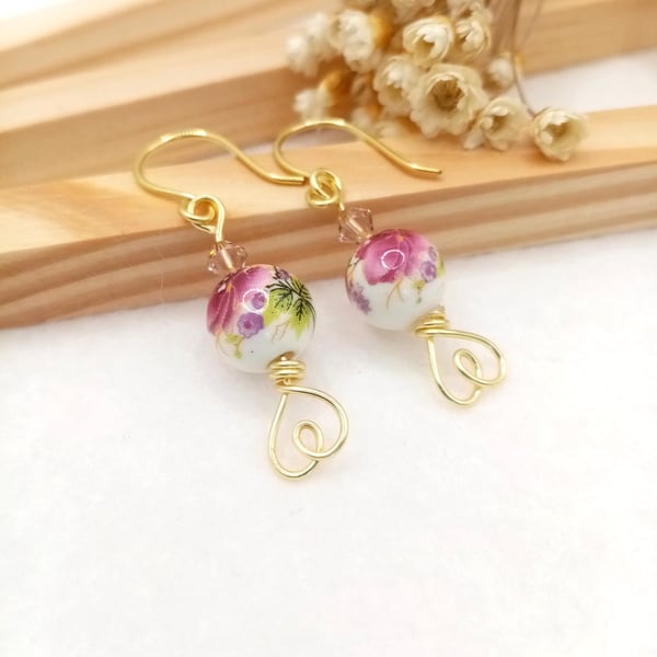 Floral Earrings - Plum Rose Earrings - Rose Flower Porcelain Drop Earrings
