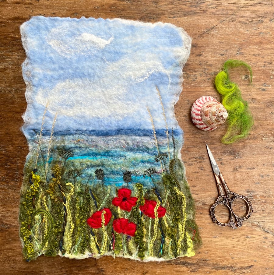 Embroidered summer seascape wet felting with poppies. 