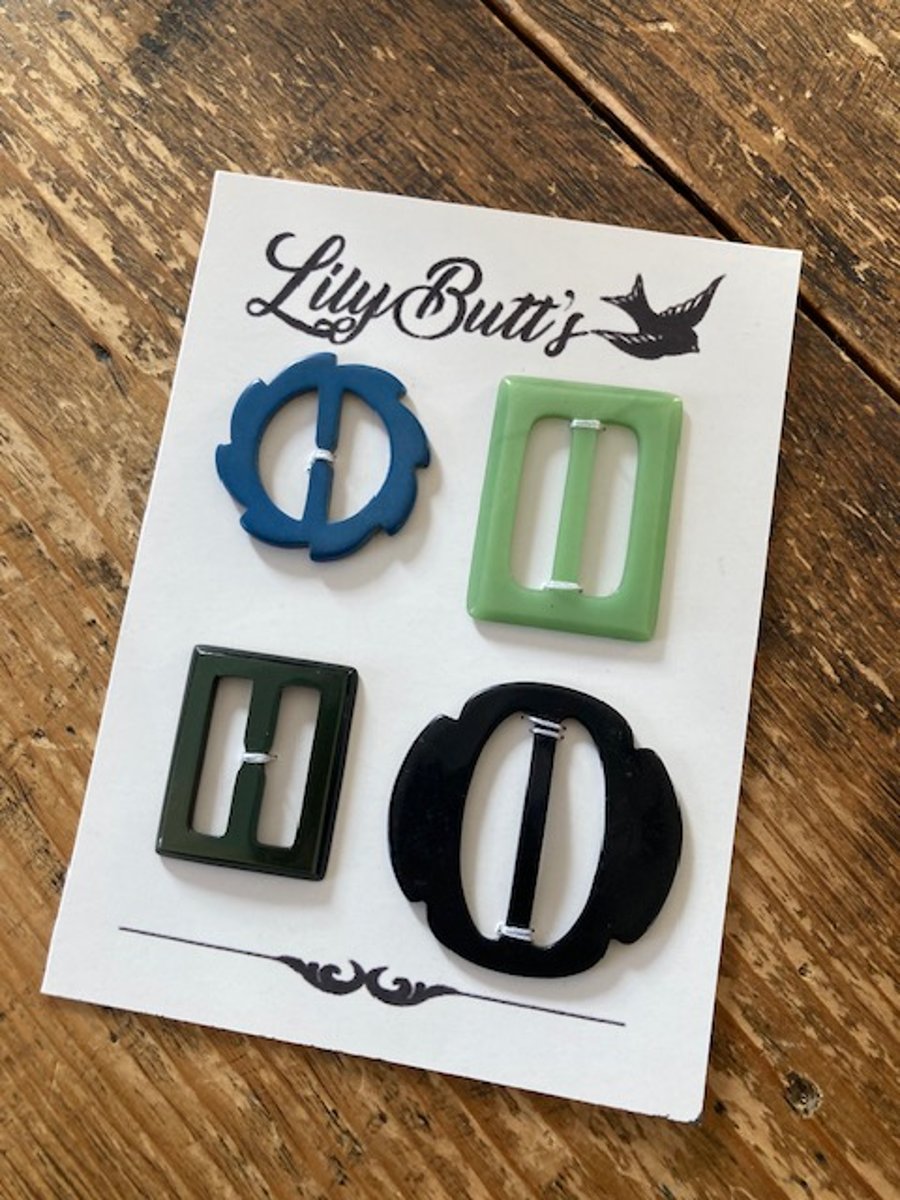 4 Vintage Small Buckles & Slides- Green Black and Blue