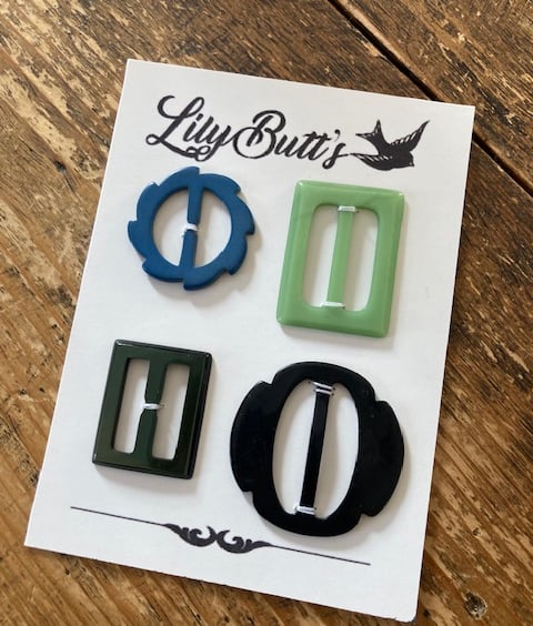 4 Vintage Small Buckles & Slides- Green Black and Blue