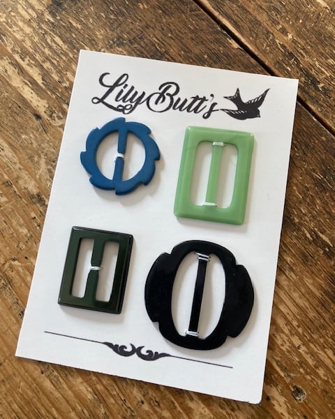 4 Vintage Small Buckles & Slides- Green Black and Blue