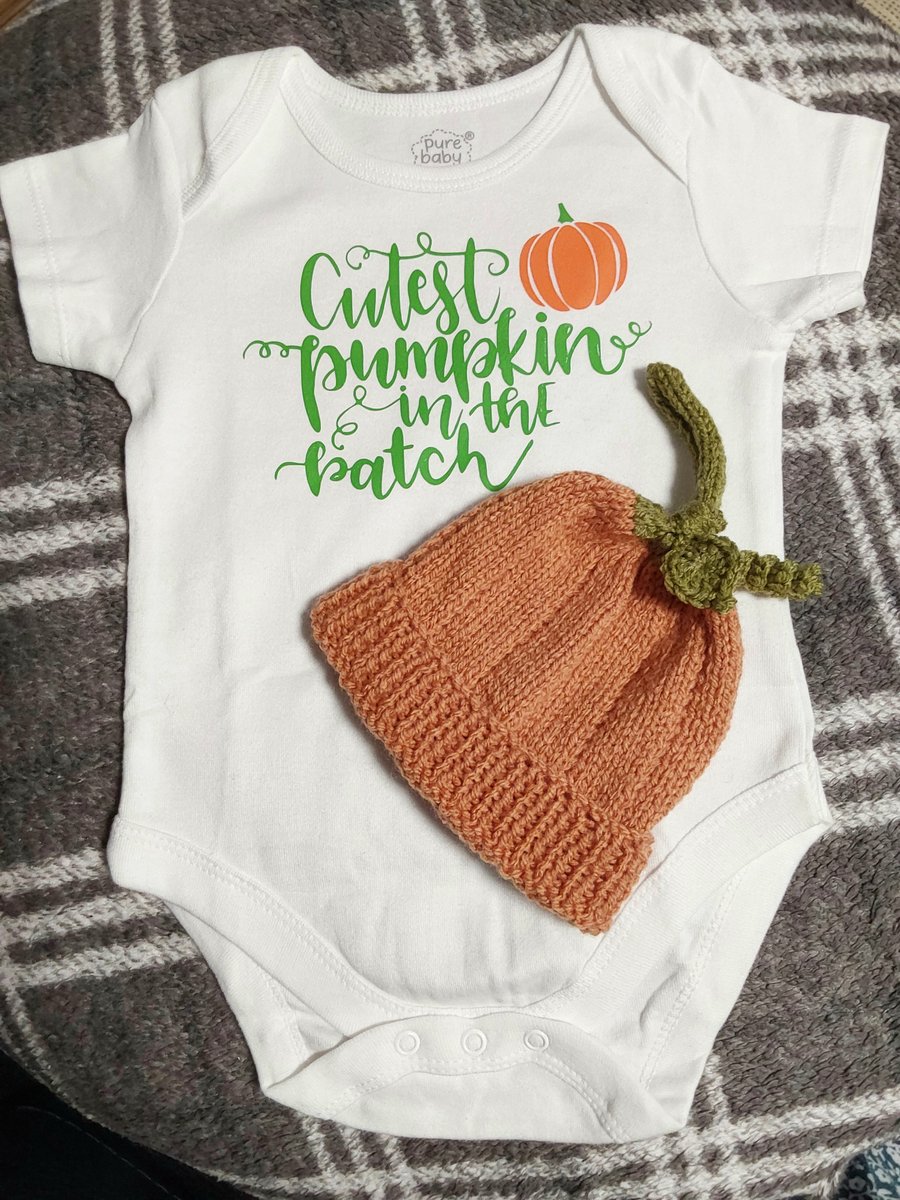 Hand Knitted 6-9 months baby pumpkin hat with matching printed vest