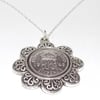 Floral Pendant 1945 Lucky sixpence 75th Birthday plus a Sterling Silver 18in Cha