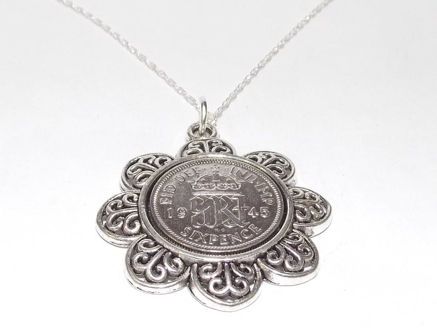 Floral Pendant 1945 Lucky sixpence 76th Birthday plus a Sterling Silver 18in Cha