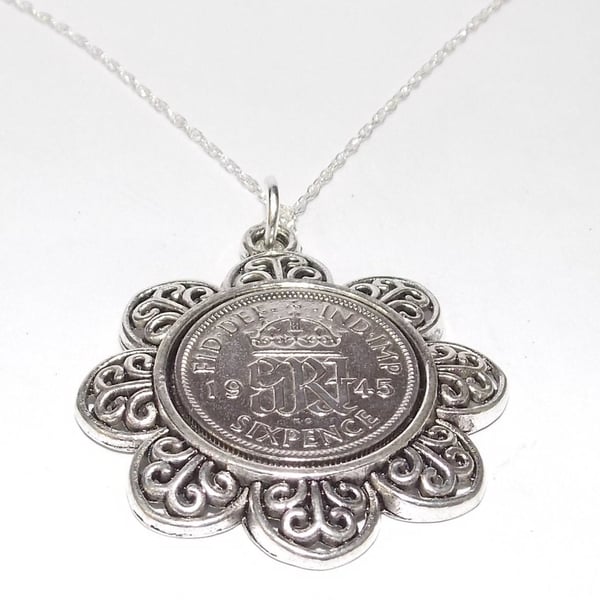 Floral Pendant 1945 Lucky sixpence 76th Birthday plus a Sterling Silver 18in Cha