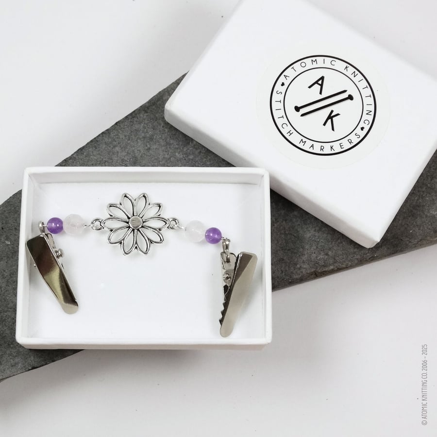 Cardigan Clip - Rose Quartz, Amethyst & Silver Flower Sweater Clip