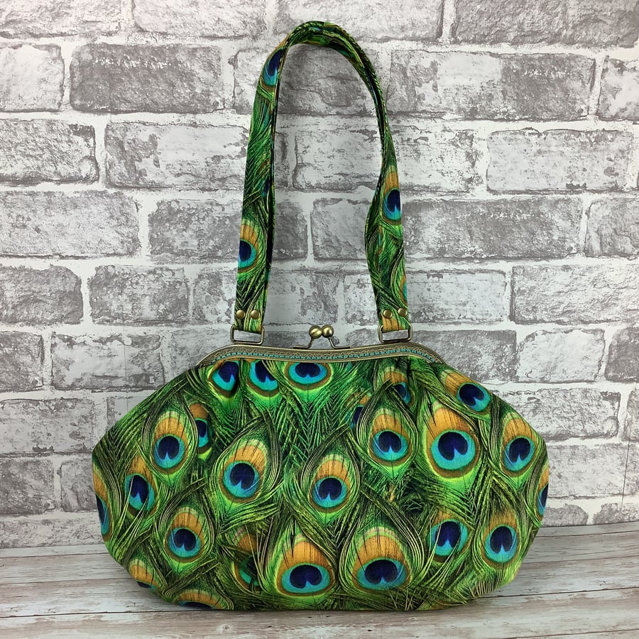 Peacock Feathers large fabric frame shoulder handbag, Kiss clasp, 2 straps