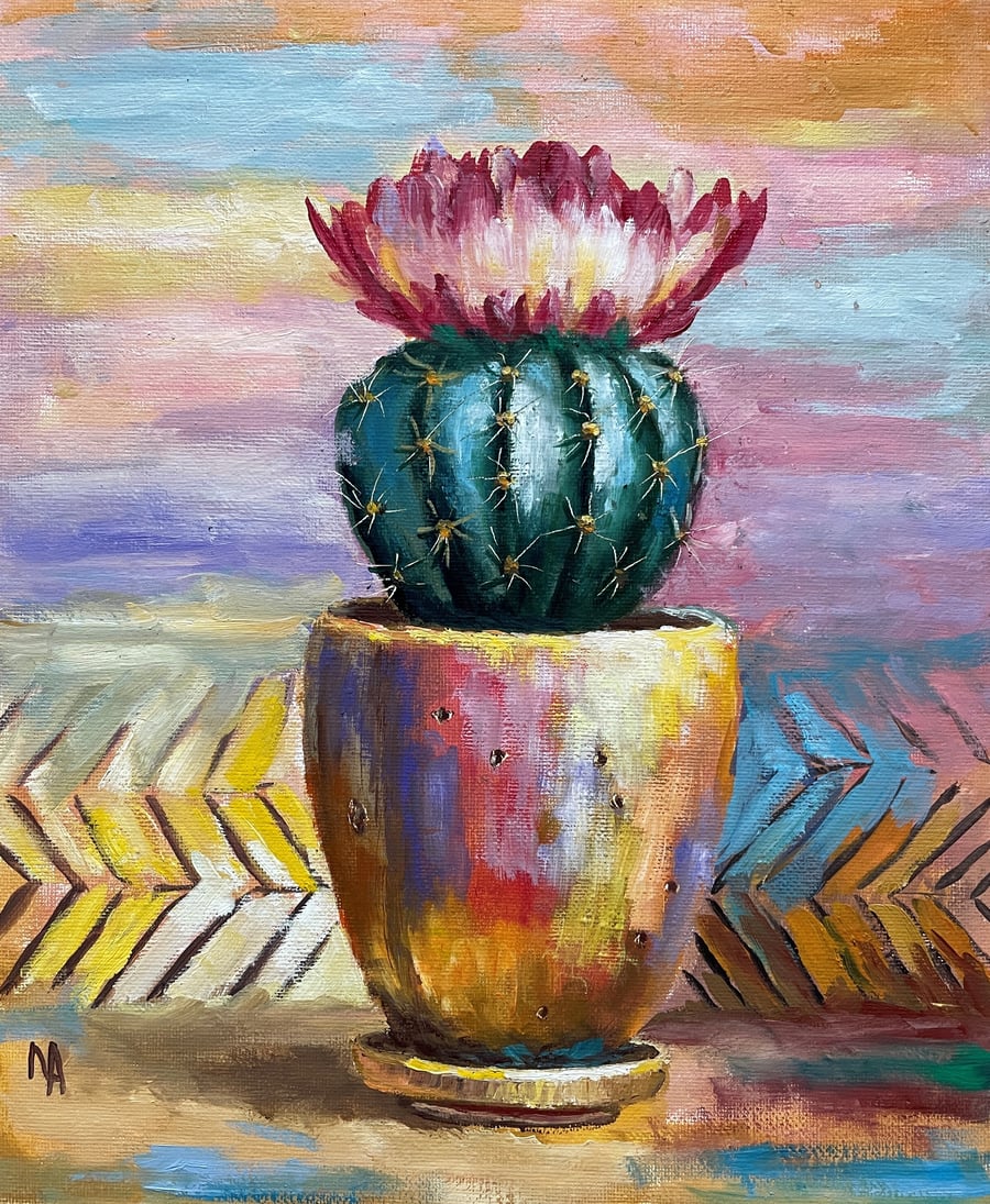 Abstract Blooming Cactus oil painting on canvas board. 10'' x 12''