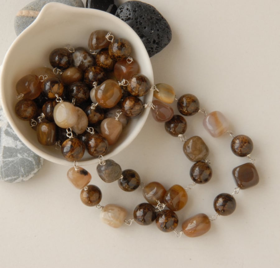 Brown Bronzite and Petrified Wood beaded sterling silver necklace