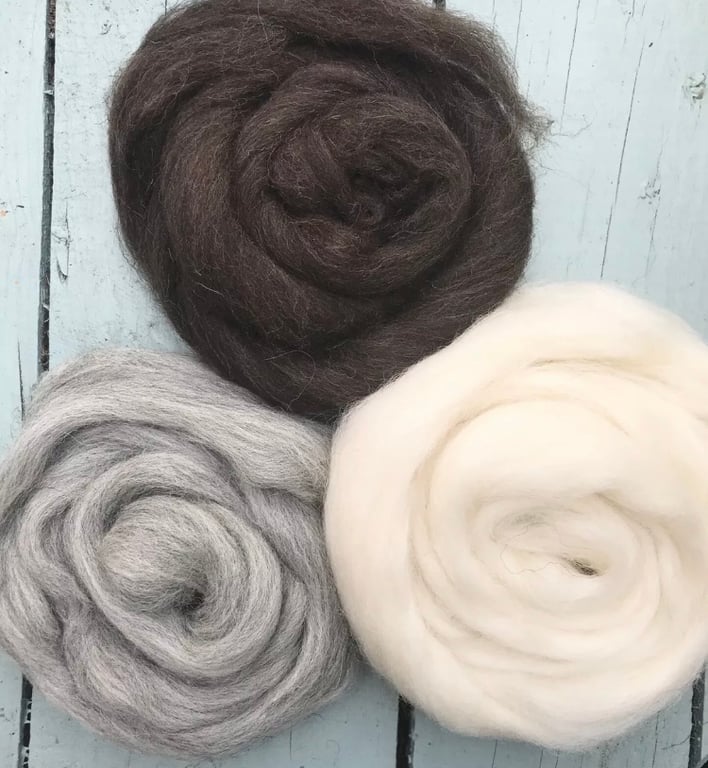 Set of 3 Corriedale Felting wool, needle and wet Felting wools 30grams 