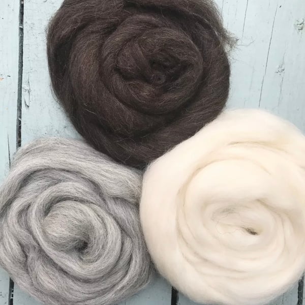 Set of 3 Corriedale Felting wool, needle and wet Felting wools 30grams 