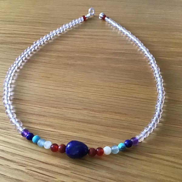 Chakra and clear Quartz Sterling silver gemstone beaded necklace 4mm beads