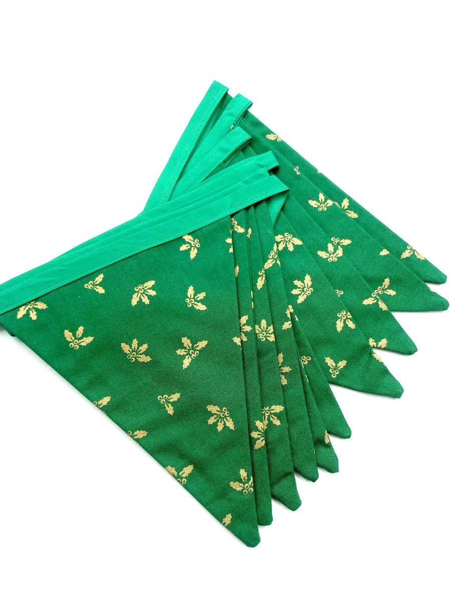 Christmas Bunting - Gold Holly Sprigs on a Green Background