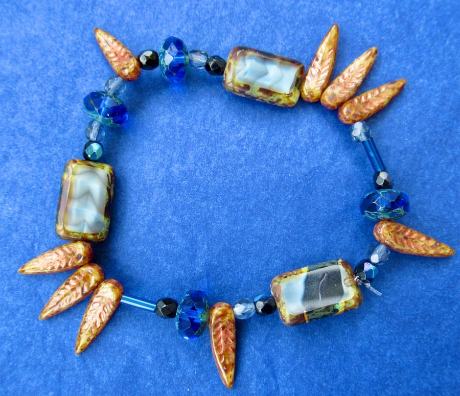 'Beneath the Waves' unique Czech-Glass bead stretch bracelet