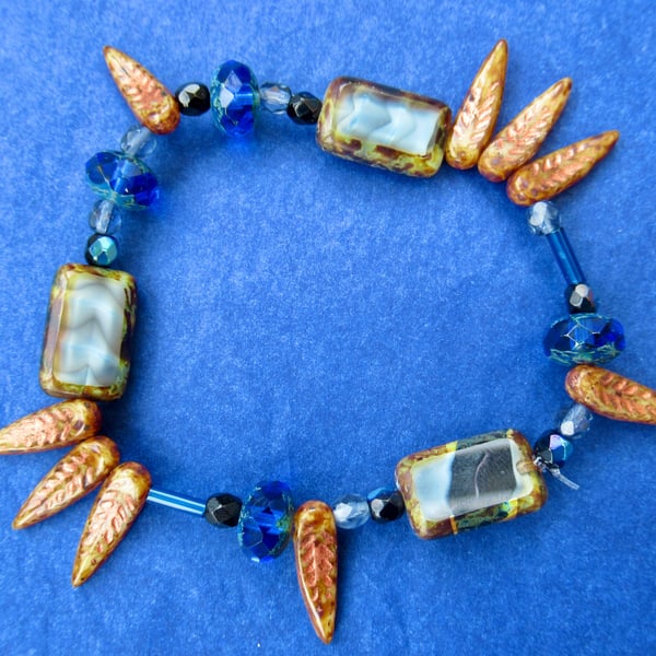 'Beneath the Waves' unique Czech-Glass bead stretch bracelet