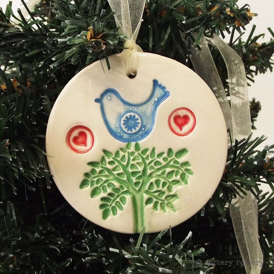 Partridge in a pear tree ceramic Christmas decoration Pottery decoration Xmas