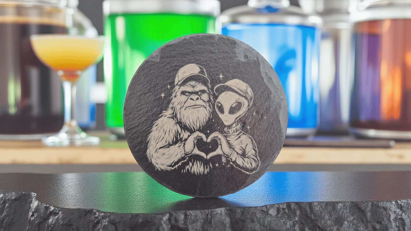 Bigfoot and Alien Etched Slate Coaster – Cosmic Friendship Design